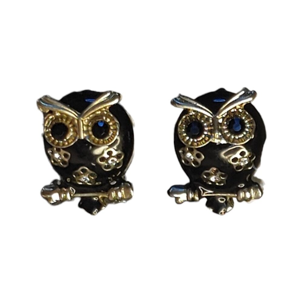 Large Back and Silver Owl Stud Earrings with Branch Flowers Pattern Rhinestones